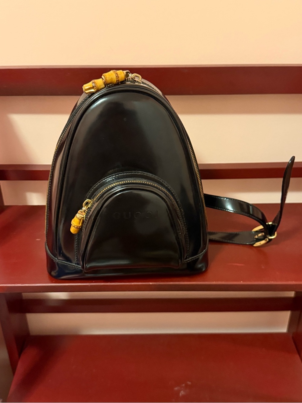 Gucci Black Leather Mini Backpack with Yellow Bamboo Zipper Accents